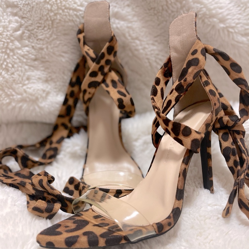 Leopard Wrap Around Heel Sandals (size 5.5)
